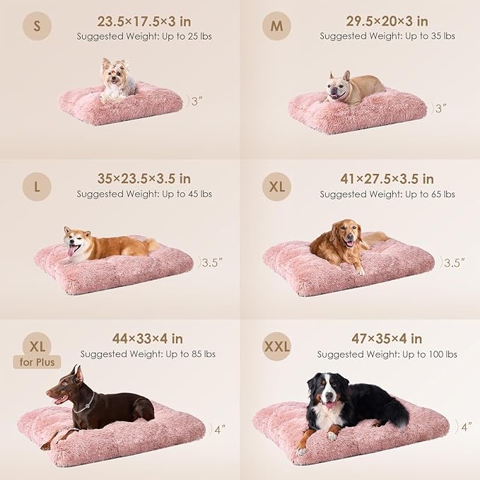 EHEYCIGA Fluffy Dog Crate Bed for Large Dogs, Plush Faux Fur Crate Pad, Calming Anti Anxiety Large Dog Bed, Washable Soft Warm Crate Mat with Non-Slip Bottom, Pink