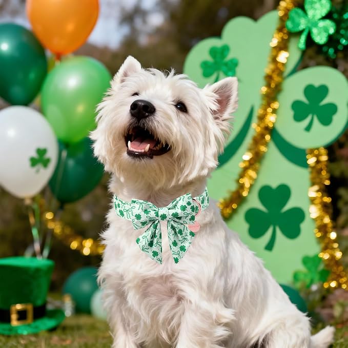 St. Patrick's Day Dog Collar with Bow Tie, Cotton St. Patrick's Day Bowtie Collar for Girl Boy Dog, Lucky Shamrock Dog Collar with Metal Buckle, Spring, L