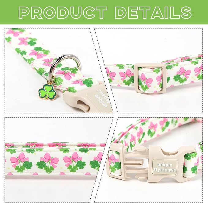Unique style paws Dog Collar Plastic Buckle with Pendant Puppy Collar for Saint Patrick Bow Clover for Small Medium Large Boys Girls Dogs