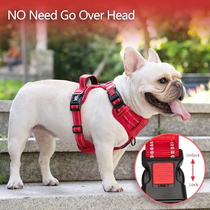 PoyPet No Pull Dog Harness, No Choke Reflective Dog Vest, Adjustable Pet Harnesses with Easy Control Padded Handle for Small Medium Large Dogs(Red Matching Trim,M)