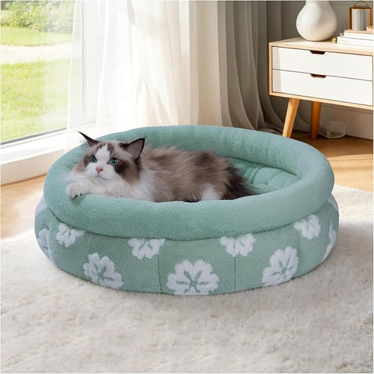 BALANCE Cat Beds for Indoor Cats, Washable Round Cat Bed, Cute 3D Flower Kitten Bed with Anti-Slip Bottom for Puppy and Kitten, 23 Inches, Green