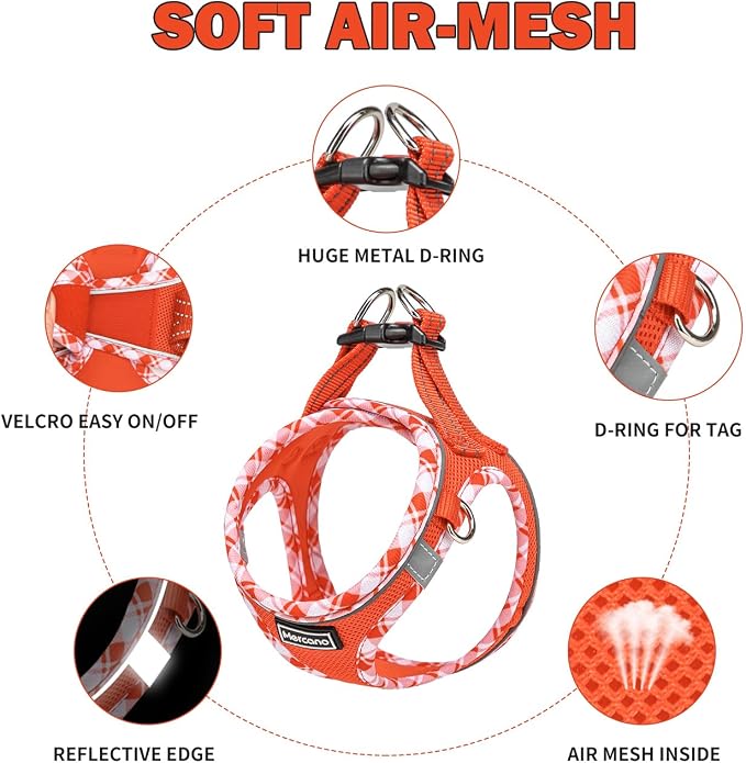 Mercano Soft Mesh Dog Harness and Leash Set, Step-in Reflective Breathable Lightweight Vest Harnesses with Safety Buckle for Small Dogs, Cats (Tangerine, M)