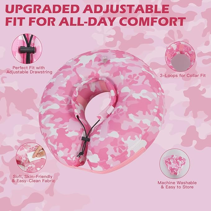 IEUUMLER Inflatable Recovery Dog Cone Collar, Neck Donut Protective ECollar, Adjustable Soft Collar for Dog and Cat After Surgery Prevent from Biting & Licking EU020 Pink Camo M