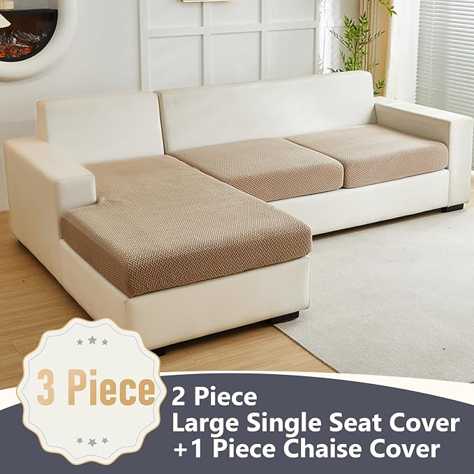 Yoovat Couch Cushion Covers for Sofa Couch Covers Wear-Resistant Universal Sofa Cover Washable Stretch for Sectional Slipcovers (Texture-Light Coffee, 2 Seats + Chaise Cover)
