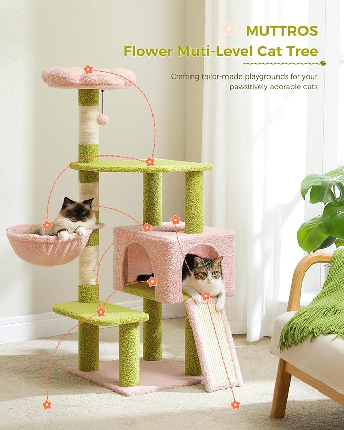 MUTTROS Flower Cat Tree 47.2" Multi-Level Cat Tower with Sisal Covered Scratching Posts, Cute Cat Condo for Indoor Small Medium Cats, Pink Top Perch, Fluffy Ball, Pink