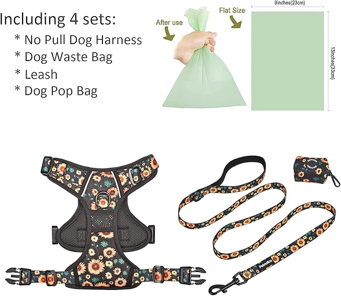 Petmolico No Pull Dog Harness Set with Leash Attachment Easy Control Handle Reflective Harness Vest Small Breed, Puppy Vest and Leash Set with Poop Bag Holder, XS - Sunflower