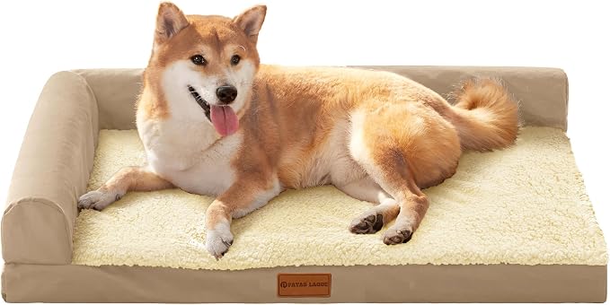 Patas Lague Orthopedic Dog Bed Medium Size Dog 30''X20'', Waterproof L Bolster Medium Pet Sofa Beds with Removable Washable Cover, Soft Pet Couch Crate Mat with Nonskid Bottom, Beige