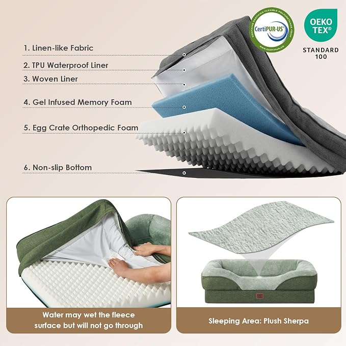 EHEYCIGA Orthopedic XL Dog Bed for Large Sized Dog, 42x30 Inch Extra Large Memory Foam Dog Couch Bed with Sides, Waterproof Liner & Washable Removable Cover, Green