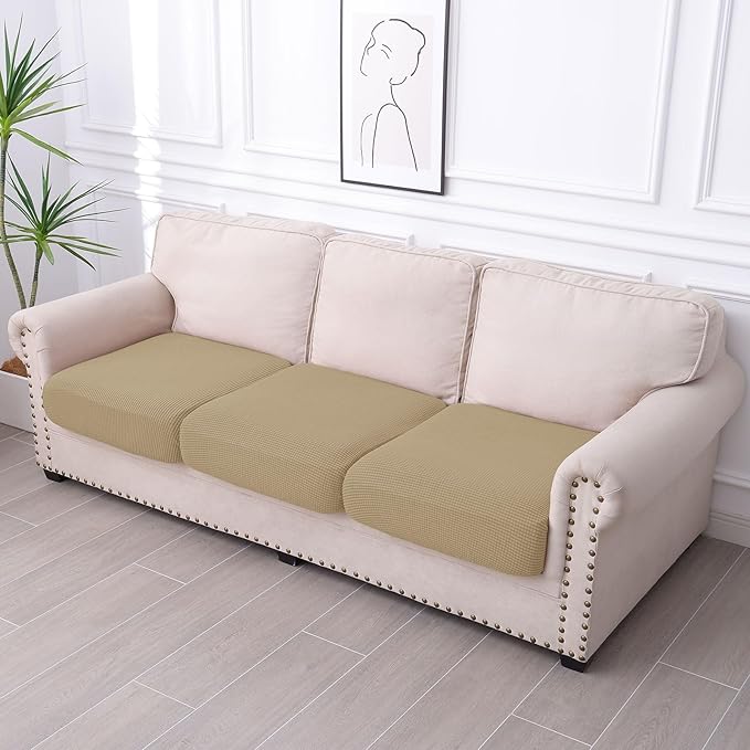 hyha Waterproof Couch Cushion Covers for Pets, Non Slip Sofa Cover for Dogs Washable, Soft Thick Stretch Jacquard Fabric, Sofa Slipcovers with Elastic Bottom (3 Pieces, Sand)