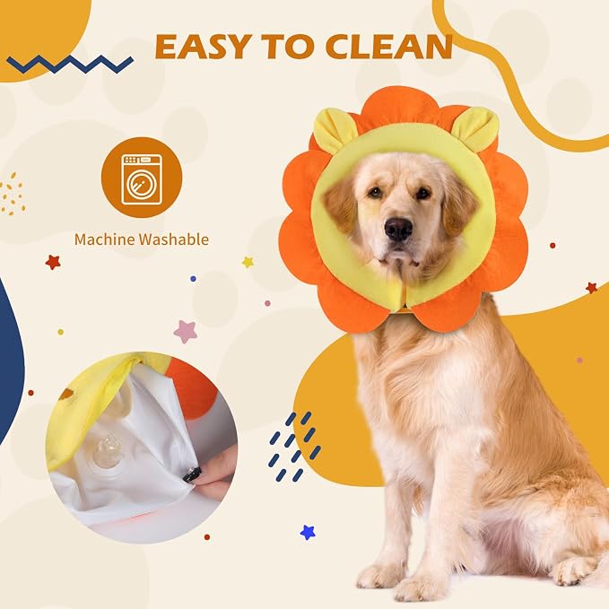 IEUUMLER Inflatable Recovery Dog Collar, Protective Donut Cone, Adjustable Soft Collar for Dog and Cat After Surgery Prevent from Biting & Scratching EU002 - Orange Lion L+