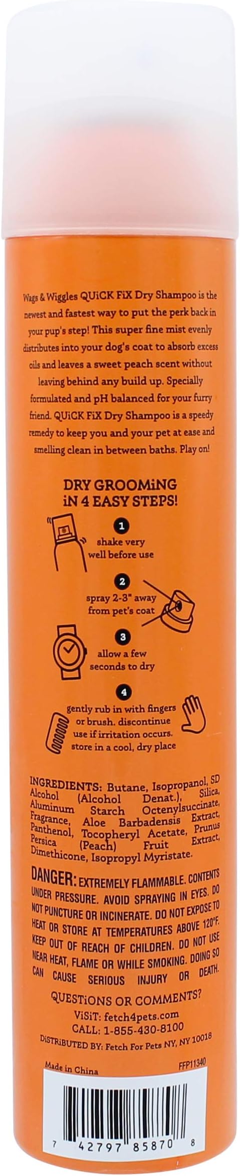 Wags & Wiggles Quick Fix Dog Dry Shampoo | Dog Grooming Waterless Shampoo | Juicy Peach, 7 oz
