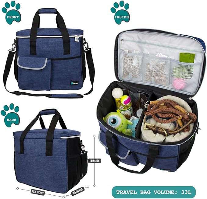 PetAmi Dog Travel Bag Organizer, Pet Travel Kit with 2 Food Containers & 2 Collapsible Dog Bowls, Pet Supplies Tote with Luggage Sleeve, Weekend Road Trip Camping Essentials, Navy Blue, Large