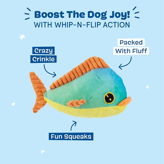 Barkbox Maggie Mahi Dog Toy | Plush Dolphinfish with Whip-N-Flip Fins, Squeaker & Fluffy Filling | Thrash & Squeak Toy for Small to Medium Dogs