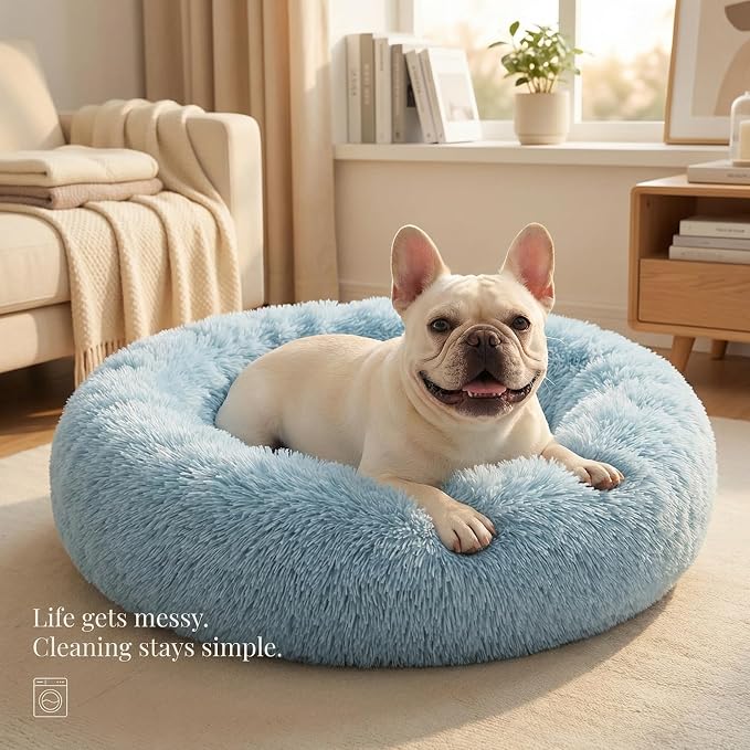 Calming Donut Dogs Beds for Small Dogs Washable,28inch Plush Round Pet Bed for Cozy Sleep,Fluffy Faux Fur Large Cat Bed,Fits up to 30 lbs Pets,Washed Blue