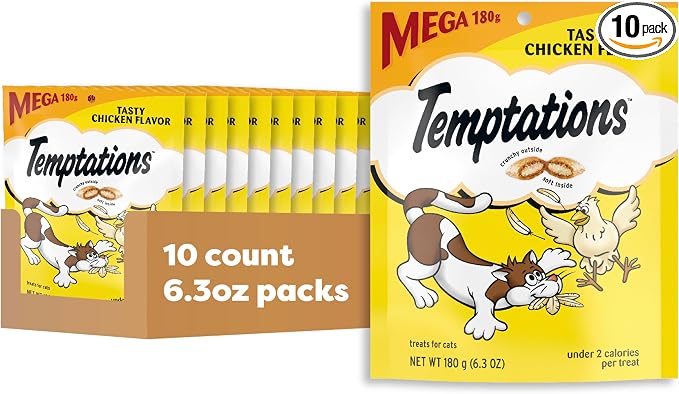 Temptations Cat Treats Classic Crunchy and Soft Cat Treats, Tasty Chicken Flavor, 6.3 oz. Pouch (Pack of 10)