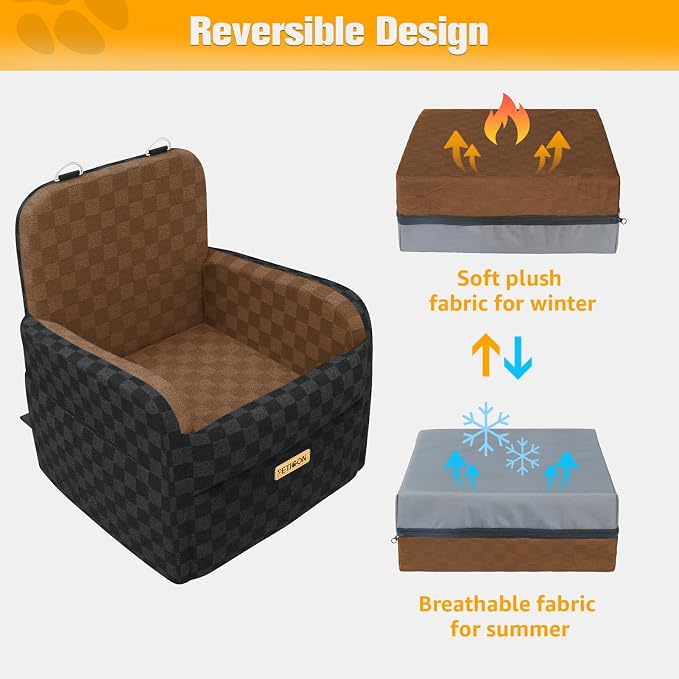 PETICON Waterproof Dog Car Seat for Small Medium Dogs, 5in Memory Foam Pet Booster Seat for Dogs up to 35 lbs with Pockets, Detachable Washable Pet Carseat with Y-Shape Safety Belt (Brown, Medium)
