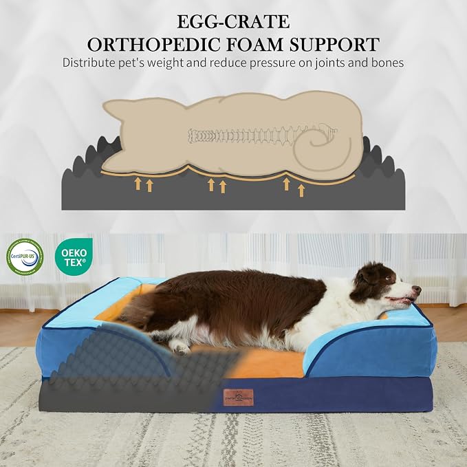 Comfort Expression Orthopedic Dog Bed for Extra Large Dogs 42x30 Inch, Waterproof Egg Crate Foam XL Pet Bed with Bolsters, Dog Couch with Washable Cover & Non-Slip Bottom, Golden Harbor