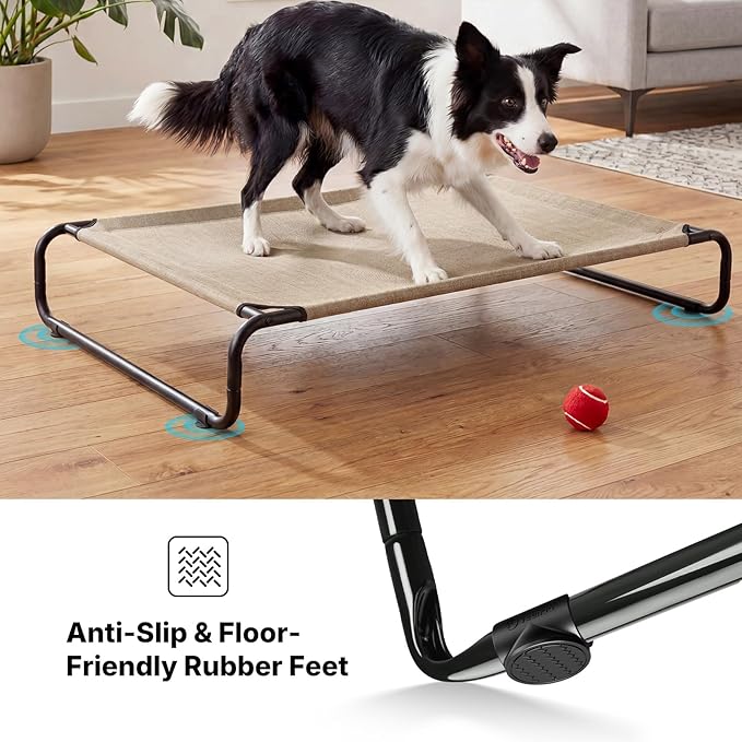 Veehoo Cooling Elevated Dog Bed, Outdoor Dog Bed for Large Dogs, Raised Dog Cot with Thickened Frame, Durable Teslin Mesh & Anti-Slip Rubber Feet, Pet Hammock for Indoor or Camping, 45" x 30", Beige