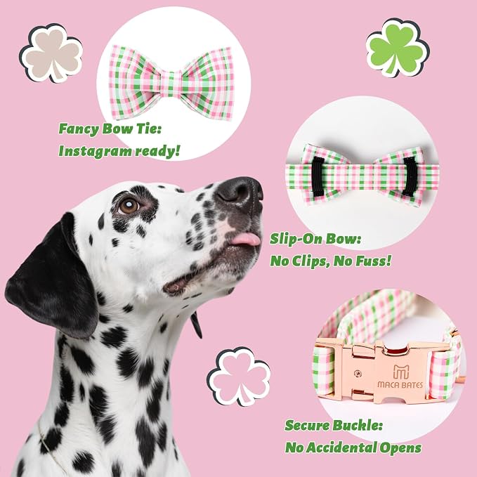 Maca Bates Plaid Dog Collar with Fancy Bow Tie,Cherry Pink Green Gingham Pattern for Large Girl Boy Dogs,Adjustable Durable Soft Collars Irish Gift for Male Female Puppy