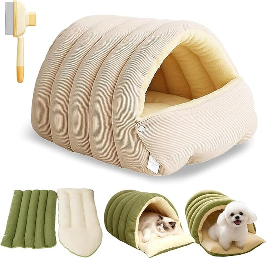 Cozy Monster Cat Bed, Cave Cat Beds for Indoor Cats, Cozy Pet Nest for Cats and Dogs,Self Warming,Cozy& Soft Plush,Anti-Slip & Durable,Removable Cushioned for Cat Small Dogs (Medium,Beige)