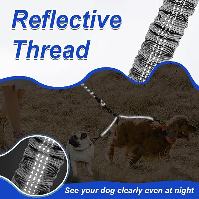 MingXpets Double Dog Leash, Dual Dog Leash, 360° Swivel Tangle Free Bungee Walking Training for Large Medium Dogs, Shock Absorbing Bungee Reflective for Two Dogs, 18~120 lbs, Grey