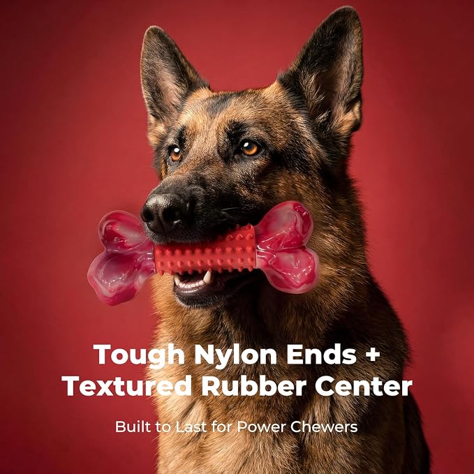 3-Pack Tough Dog Toys for Aggressive Chewers: Beef Flavored Long Lasting Dog Bones for Large Dogs, Heavy Duty Nylon & Rubber Dog Chew Toys to Keep Them Busy, Medium & Large Breed, Red