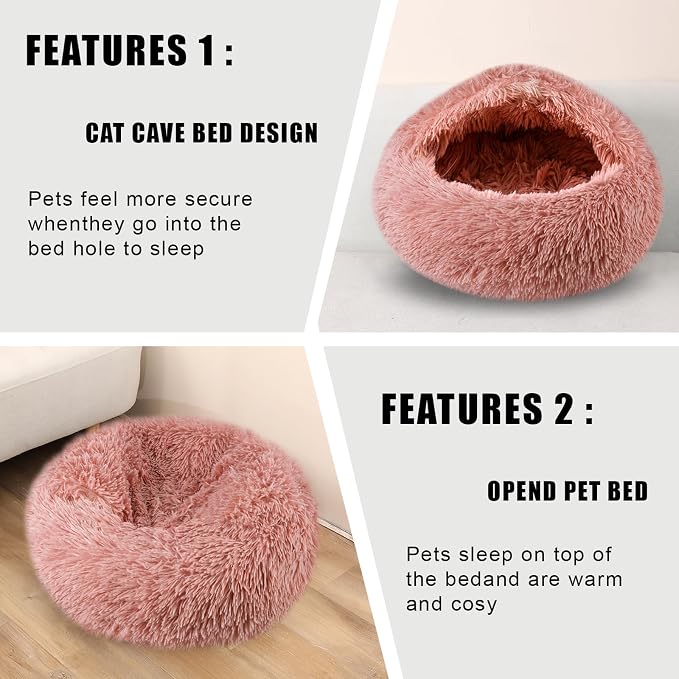 FORMYCATIE Cat Beds for Indoor Cats,Cat Cave for Puppy and Kitty,Calming Small Dog Bed for Small Dogs with Cover Cave,Cozy Warming Fluffy Washable Anti-Slip Pet Sleeping Bag(20 * 20inch,Leather Pink)
