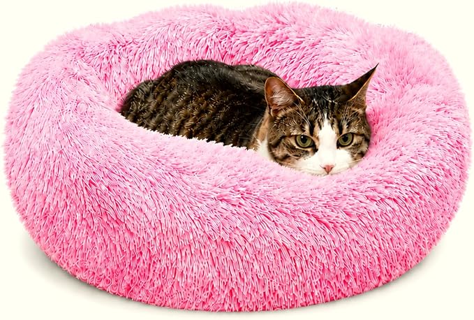 Whiskers & Friends Cat Beds for Indoor Cats, Fluffy Calming Donut Cat Bed, Small Dog Bed Washable - Orthopedic Soft Plush Pet Beds Sized for Kitten to Large Cats & Puppy to Small Dogs - Gradient Pink
