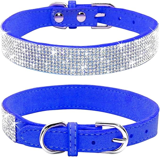 Rhinestone Dog Collar, Cute Dazzling Sparkling Soft Suede Leather Dog Cat Rhinestone Collar Crystal Diamond Pet Dog Puppy Collar (XS, Dark Blue)