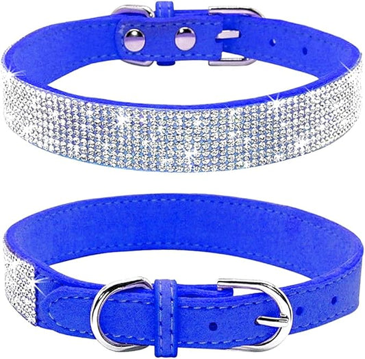 Rhinestone Dog Collar, Cute Dazzling Sparkling Soft Suede Leather Dog Cat Rhinestone Collar Crystal Diamond Pet Dog Puppy Collar (XXS, Dark Blue)