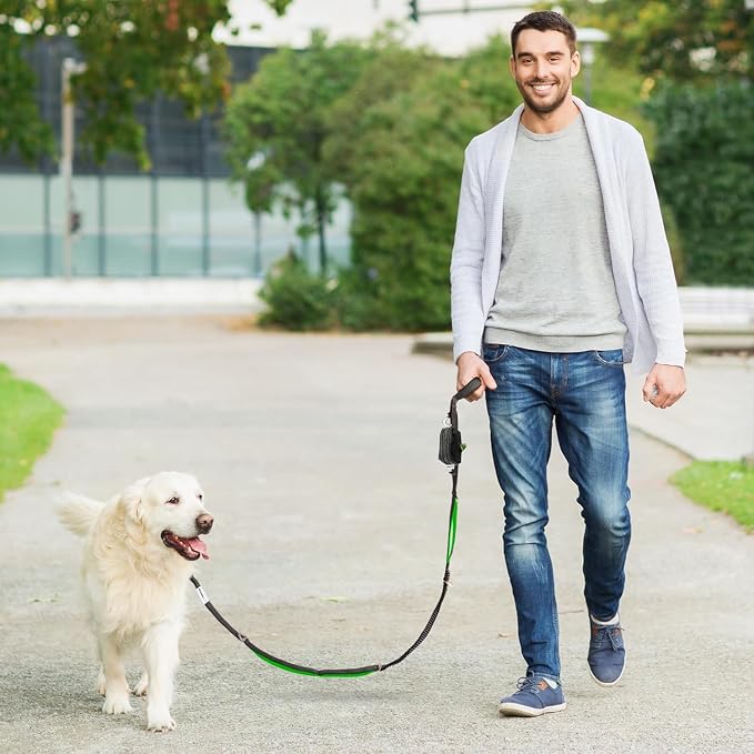Dog Poop Bag Holder with Dispenser & Storage Pouch - Includes Adjustable Reflective Dog Leash (6FT Bungee, Padded Handles) - Durable Leash for Walking, Training & Travel (Aqua)
