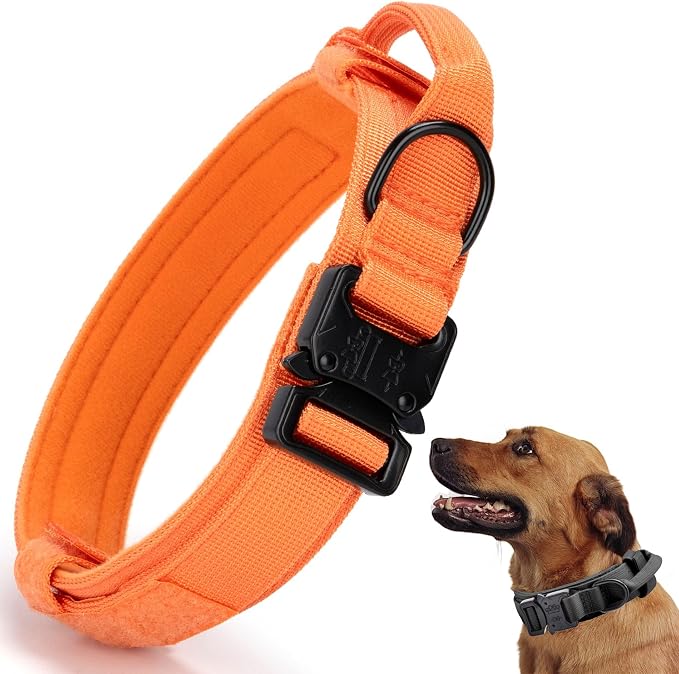 Tactical Dog Collar, Adjustable Military Training Nylon Dog Collar with Control Handle and Heavy Quick-Release Metal Buckle for Small Medium Large Dogs, Orange M