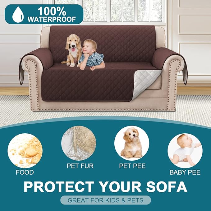 Turquoize 100% Waterproof Couch Cover Sofa Covers for 2 Cushion Couch Loveseat Covers Triple Non-Slip Couch Cover for Dogs Washable Furniture Protector Cover for Pets, Kids,Dog (Loveseat 54", Brown)