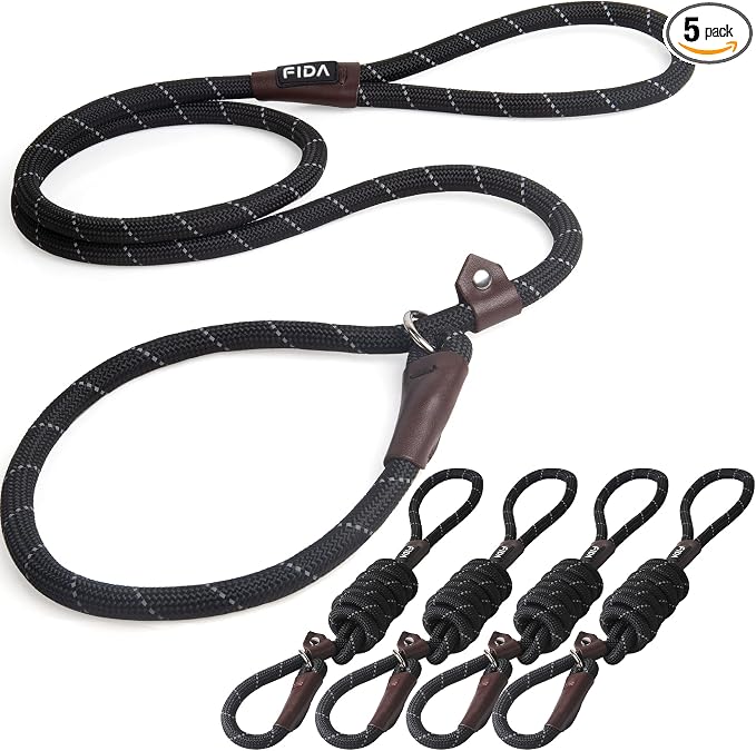 Fida Durable Slip Lead Dog Leash Bulk Pack of 5, Heavy Duty 1/2" x 6 FT Comfortable Strong Rope Slip Lead for Large, Medium & Small Dogs No Pulling Pet Training Leash with Highly Reflective (Black)