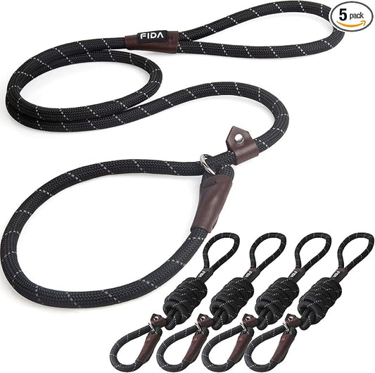 Fida Durable Slip Lead Dog Leash Bulk Pack of 5, Heavy Duty 1/2" x 6 FT Comfortable Strong Rope Slip Lead for Large, Medium & Small Dogs No Pulling Pet Training Leash with Highly Reflective (Black)