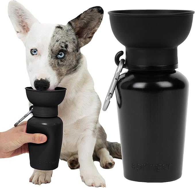 Springer Flip Dog Water Bottle | Portable Drinking Feeder with Foldable Food-Grade Silicone Bowl | One-Hand Squeeze & Leak-Proof | BPA-Free 20oz | Walking, Hiking & Camping | Puppy Essentials