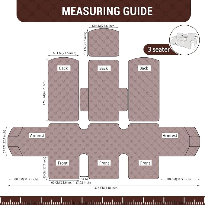 Waterproof Recliner Sofa Covers with Flipped Middle Backrest Washable Recliner Couch Covers Non-Slip with Elastic Straps Furniture Protector for Kid Dogs Pets (Coffee)