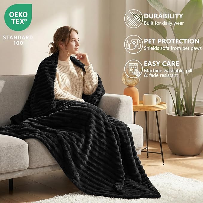 HIMEET Fleece Black Queen Blanket for Bed - 300GSM Ribbed Soft Cozy Bedding Blanket, House Warming Gifts New Home, Luxury Bedroom Decor Throws, 90x90 Inches