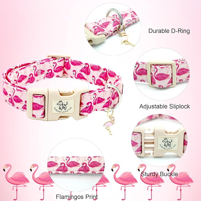 Elegant little tail Dog Collar-Cute Pet Dog Collar Pink Flamingos Print Cotton Soft Girl Puppy Adjustable Pet Collars for Small Medium Large Dogs