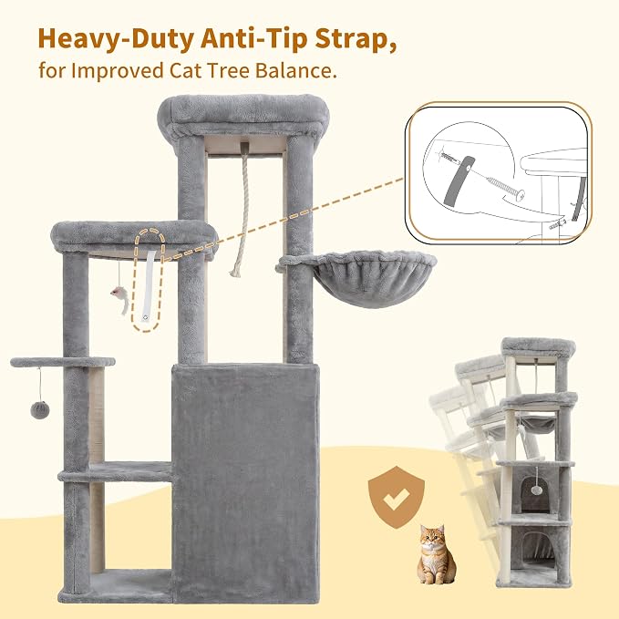 Heybly Cat Tree, 59.4" Secure Anti-Tip Cat Tower for Large Cats, Spacious Cat Furniture with Dual-Tier Cat Condo, 2 Top Perches, Hammock and Sisal Scratching Posts, Light Gray HCT055W