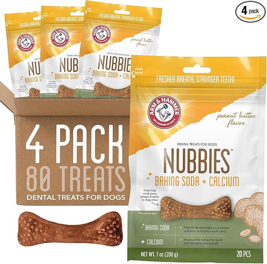 Arm & Hammer for Pets Nubbies Dental Treats Baking Soda Calcium Nubbed Texture Scrubs Plaque Tartar Peanut Butter Flavor Daily Oral Care 20 Count 7 OZ 4 Pack for Dogs at Home Daily Hygiene Routine