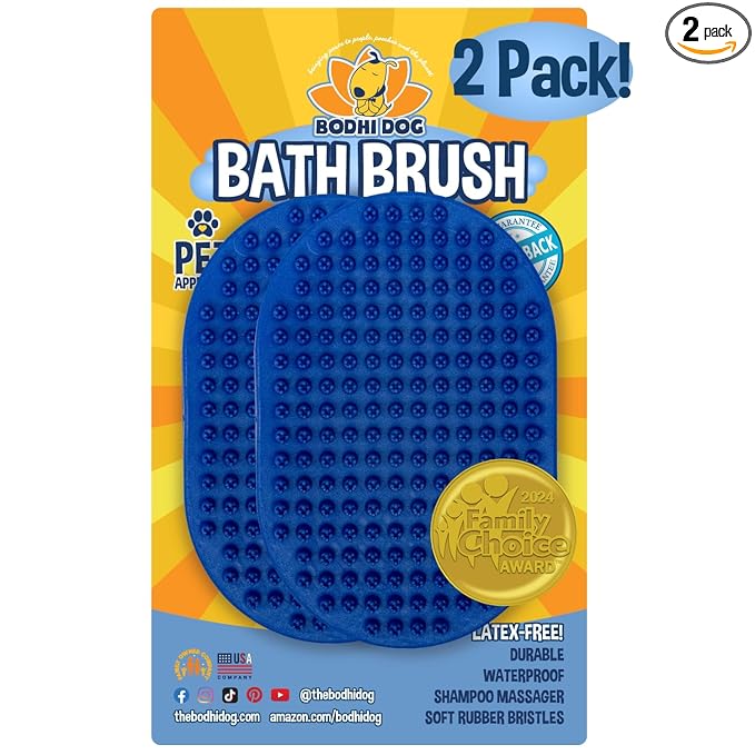 Bodhi Dog Shampoo Brush - Pet Grooming & Bath Supplies for Dogs and Cats - Bath Brush for Long & Short Hair - Premium Scrubber for Shower, Showerhead, Sprayer & Bathing (Two Pack, Blue)