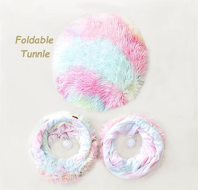 Cat Bed Tunnel Tube Toy Rainbow Plush Round, Collapsible Pet Tunnels for Indoor Cats, Interactive Toys Play Tubes with Hanging Ball for Kitty, Puppy, Rabbit for Fun Playtime & Exercise