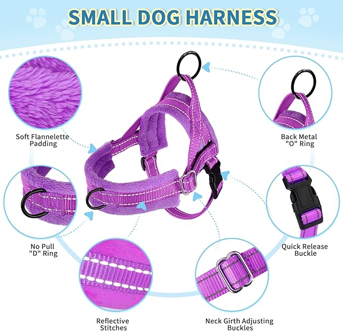 Lukovee No Pull Dog Harness and Leash Set, Soft Padded Small Dog Harness, Neck & Chest Adjustable Reflective Vest Puppy Harness with 4ft Lightweight Anti-Twist Dog Leash for Small Dogs (XXS, Purple)