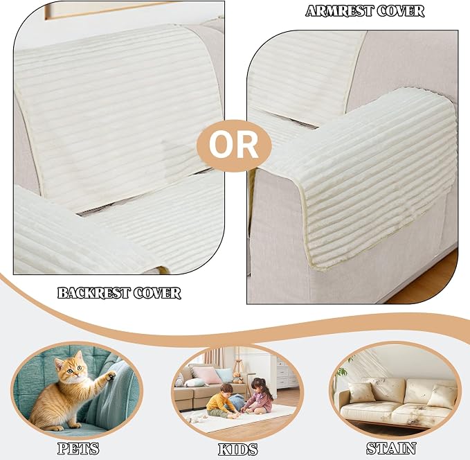 NAISI Couch Covers for Dogs Waterproof Flannel Striped Sofa Cover Pet Friendly Washable Dog Mat for Couch Anti Slip Sectional Sofa Slipcover Protector(1pc/27"x 27",Cream)