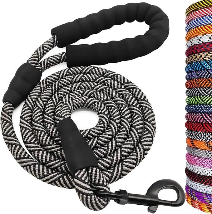 MayPaw Heavy Duty Rope Dog Leash, 3/4/6/7/8/10/12/15/20/30 FT Nylon Pet Leash, Soft Padded Handle Thick Lead Leashes for Large Medium Dogs (Black, 1/2" * 4')