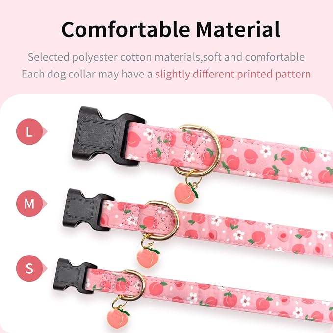 Cotton Dog Collar,Soft and Cute Puppy Collars with Dinosaur Patterned Design for Girl Female Boy Dogs,Adjustable Buckle Pet Collar for Small Medium Large Dogs (Pink Peach, L)