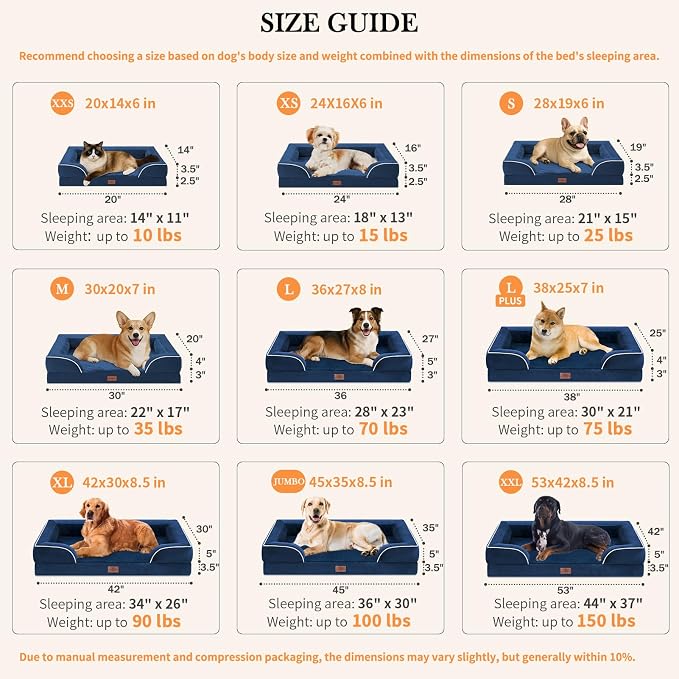 Comfort Expression Orthopedic Dog Bed for Extra Large Dogs 42x30 Inch, Waterproof Egg Crate Foam XL Pet Bed with Removable Bolsters, Dog Couch with Washable Cover & Non-Slip Bottom, Navy Blue
