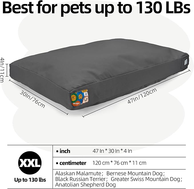 Sytopia 47 Inch Canvas Outdoor Dog Bed for XXL Dogs, Durable Dog Bed with Waterproof Machine Washable Removable Cover, Indoor Patio Pet Pad for Crate, Dark Grey