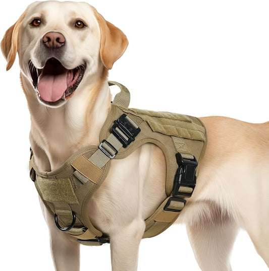 rabbitgoo Tactical Dog Harness Medium Sized, Heavy Duty Pet Harness with Handle, No-Pull Service Vest Medium Breed, Adjustable Military Dog Vest for Training Hunting Walking, Brown, M